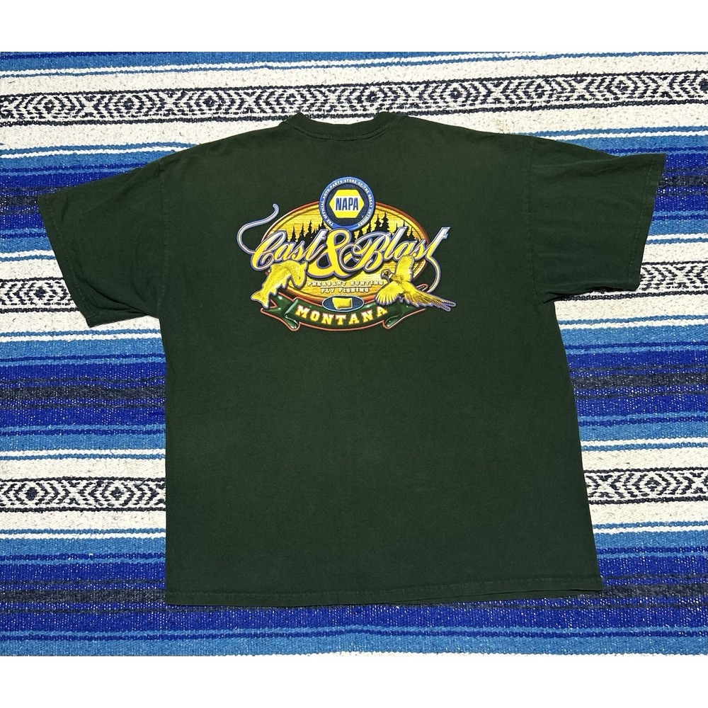 Vintage Y2K NAPA Cast & Blast Montana Hunting Fishing T Shirt Mens XL Green